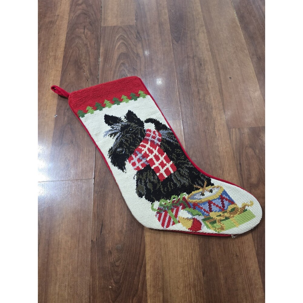 Handmade Vtg Needlepoint Scottish Terrier Dog Wool Christmas Stocking  Holiday - Picture 2 of 5